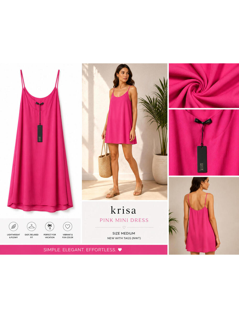 Krisa Pink Mini Dress Size M Spaghetti Strap Flowy Slip Dress NWT